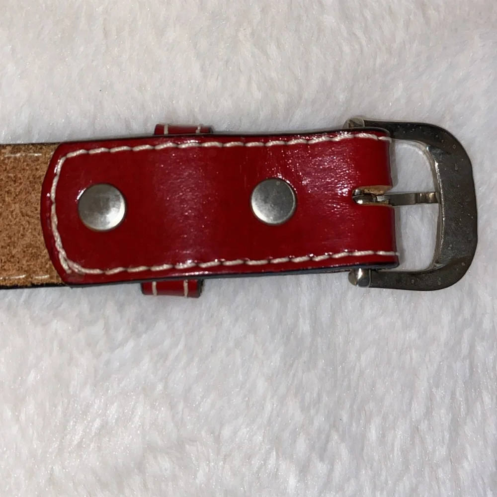 NWOT Hand Crafted 100% Leather Belt Black/Red with Silver Tone Buckle Size 28